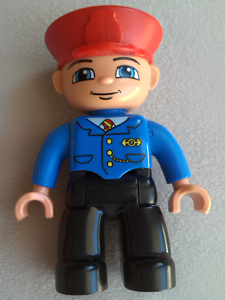 Минифигурка Lego Duplo Figure Lego Ville, Male Train Conductor, Red Hat, Smile with Closed Mouth, Blue Jacket with Yellow and Red Tie, Black Legs 47394pb051